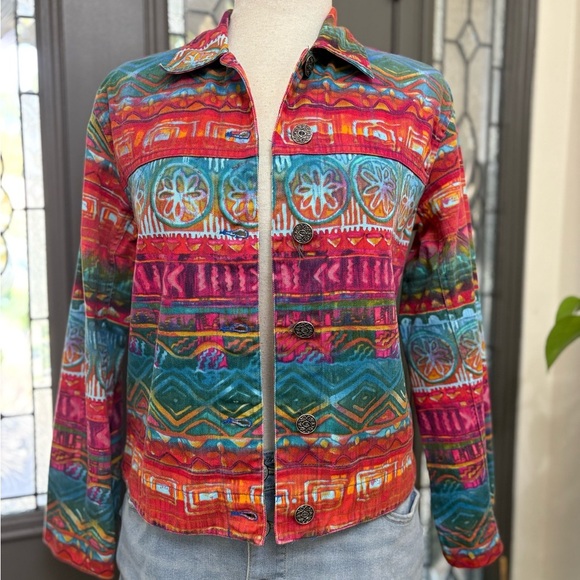 Chico’s Design Vintage Abstract Southwest Inspired Print 100%Cotton Denim Jacket - Picture 3 of 9